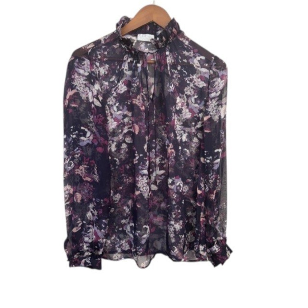 Carlisle NY Floral 100% Silk Ruffle Neck Sheer Feminine Blouse Purple Navy Sz 10
